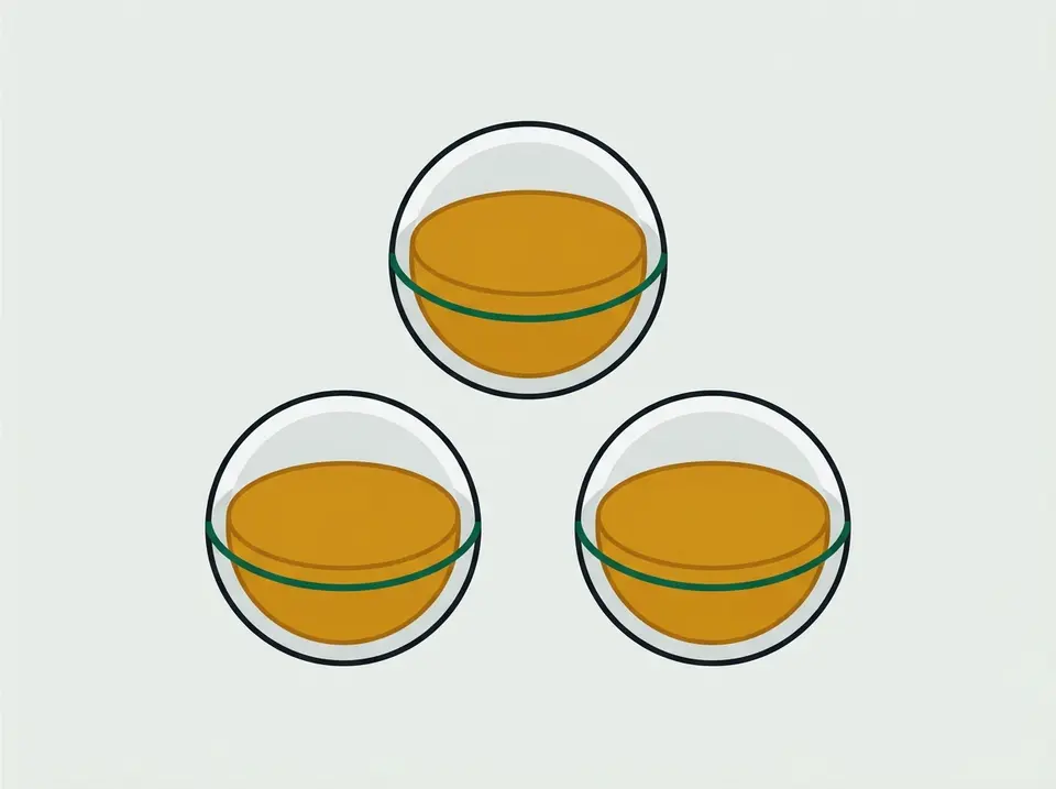 三顆透明的魚油膠囊在白色的表面上排列成三角形。